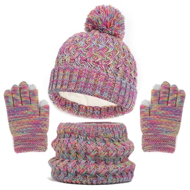 PMVFHDE Vêtements pour Enfants Chapeau d'Hiver Gants Foulard Ensemble Filles Tout-Petits Enfants Chapeaux avec Pompon Cache-Cou Tricoté Cache-Cou Mitaines Doublé en Molleton Ensemble Chapeaux et Casquettes pour Enfants Rose Vif, Taille Unique