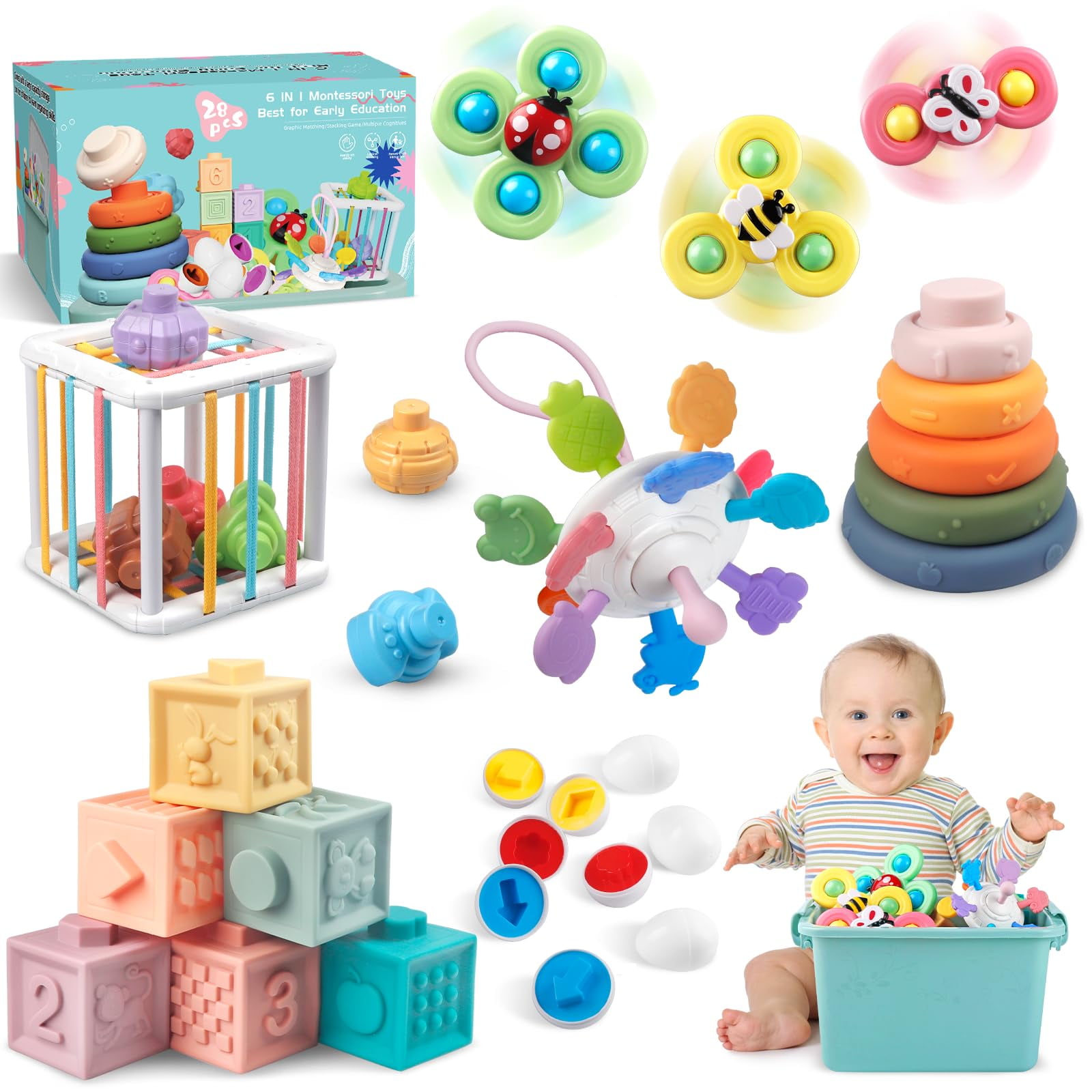 Martiount 6 In 1 Montessori Toy For Baby 6-12-18 Months, Soft Stacking Building Blocks Infant Baby Teething & Sensory Toys For Toddlers 1-3 Year Old