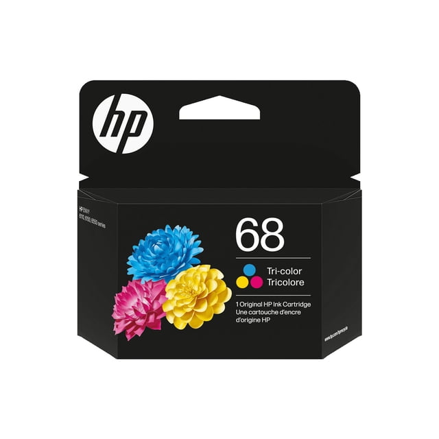 HP 68 7FP20TN Cartouche d'Encre Tricolore Emballage dans une Boîte Noire avec le logo HP Blanc, Grand Numéro 68 et Trois Fleurs en Bleu, Jaune et Rose Représentant l'Encre Tricolore. Compatible avec les Imprimantes des Séries HP ENVY 6100, 6150 et 6650, Cette Cartouche d'Imprimante Originale Prend en Charge une Impression Vibrante et Fiable.