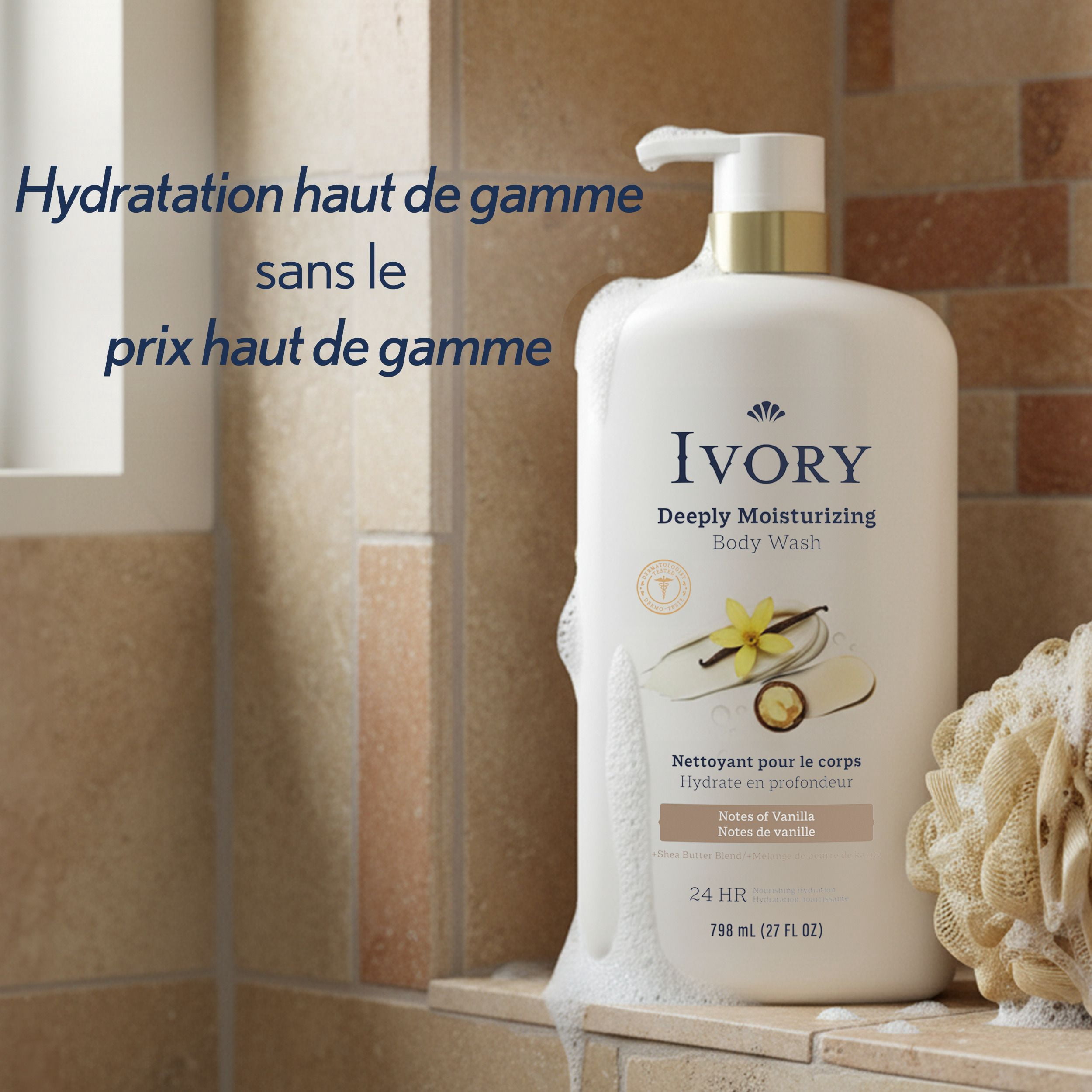 Nettoyant pour le corps Ivory Hydrate en profondeur, hydratation nourrissante pendant 24 h, apaise la peau sèche qui démange, fait d’un mélange de beurre de karité, parfum Notes de vanille, 798 mL