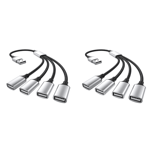 2X USB to USB 2.0 Triple USB Port HUB OTG Adapter Cable Data Charging Convertor USB Extension Splitter,USB A to 4USB,2 x USB HUB Splitter Adapter,Black & Silver