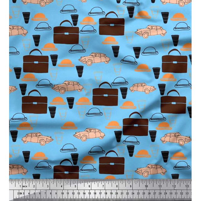 Soimoi Modal Satin Fabric Hat,Car & Suitcase Travel Print Fabric by Yard 42 Inch Wide