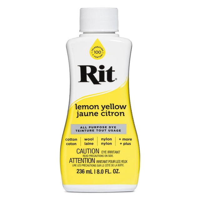 Rit All Purpose Liquid Dye lemon yellow in a 236 ml (8 fl. oz.) white plastic bottle with screw cap, suitable for dyeing cotton, wool, nylon, and more fabrics, featuring bilingual English and French text and eye irritant caution.