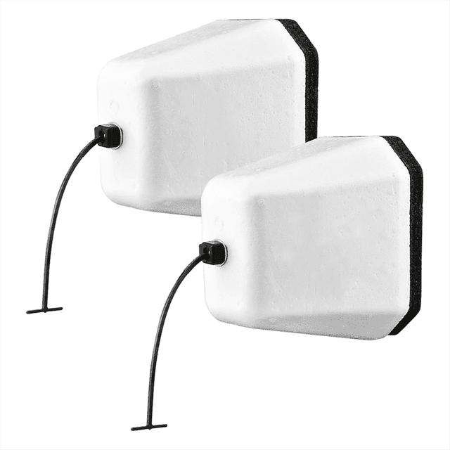 Outdoor Foam Faucet Cover, Winter Freeze Protection, Reusable Outdoor Hose Cover 2 Pack. The image shows two white polystyrene foam faucet covers with a self-sealing design and black adjustable straps for secure attachment. These covers are designed to protect outdoor faucets from freezing temperatures, featuring enhanced insulation and weather resistance. Suitable for multiple seasons, they are easy to install with a simple ring mechanism.