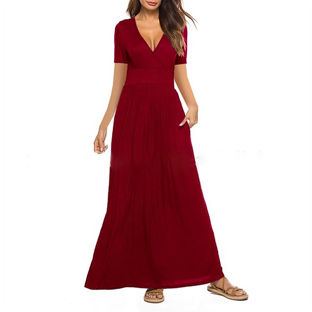 Nouvelle Robe Maxi à Manches Courtes Col en V Couleur Unie pour Femmes