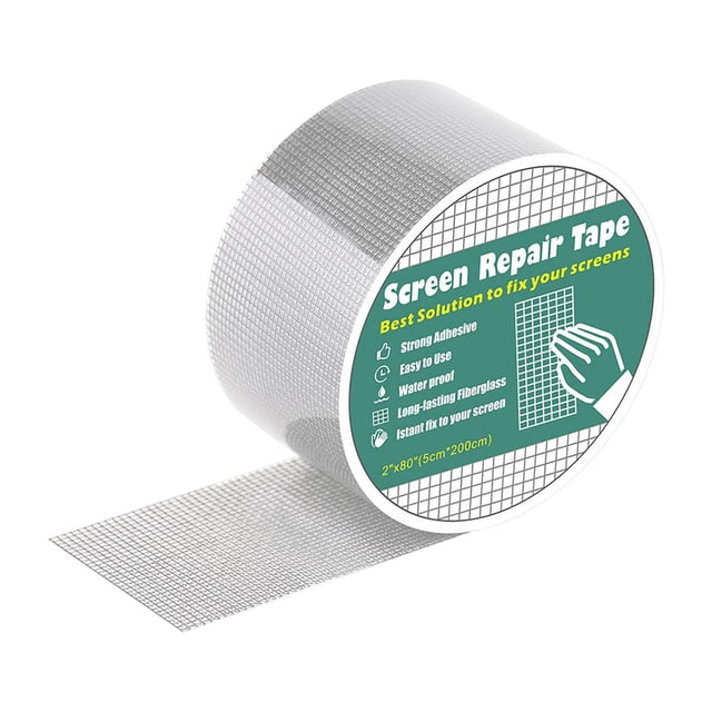 EGNMCR Anti-Insect Fly Door Window Mosquito Screen Net Repair Tape Patch Adhesive. A roll of strong adhesive fiberglass repair tape measuring 5x200cm, designed for fixing rips and tears in screen doors, windows, tent mesh, and more. The tape features a durable, waterproof, and temperature-resistant construction, ideal for long-lasting repairs. The product is shown with a partially unrolled section, highlighting its grid-like texture.