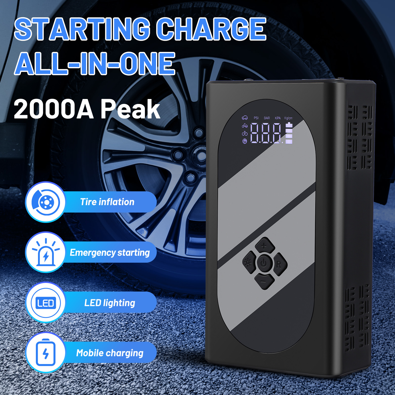 Car Jump Starter Tire Inflator Car Booster Battery Charger Emergency Power Bank 12V