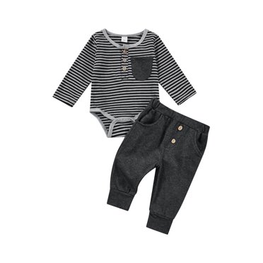 Xingqing Autumn 2pcs Baby Boys Causal Clothes Pocket Long Sleeve Striped Romper Tops+Elastic Pants Set Black Gray 0-3 Months
