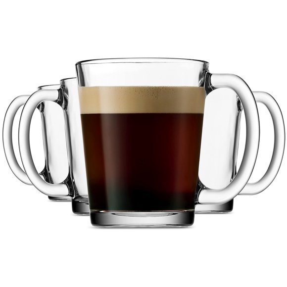 Godinger Coffee Mugs, Italian Made Glass Coffee Mug with Handle, Hot Beverage Tea Cups, Glass Cups, Drinking Glasses - 10oz., Set of 4