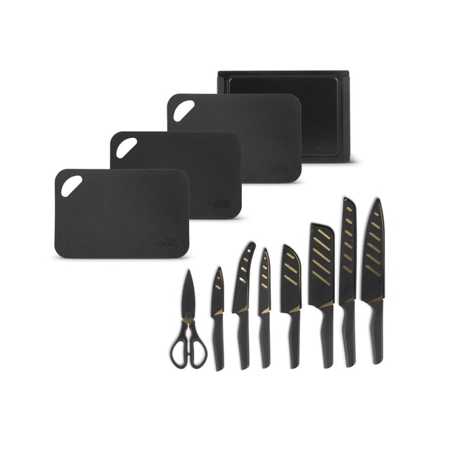 Thyme & Table Ensemble de 20 Pcs de Couteaux et Planches à Découper en Acier Inoxydable Noir avec Sept Couteaux en Acier Inoxydable Enduits d'Or Dotés de Poignées Ergonomiques et de Gaines Protectrices, Cisailles de Cuisine avec Couvercle, et Quatre Planches à Découper Noires Mouchetées avec Découpes de Poignées, Convenant au Tranchage, au Hachage et au Découpe en dés Précis.