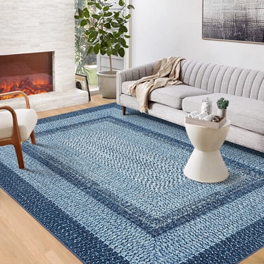 Twister.CK 5'x7' Modern Washable Braided Print Area Rug, Low Pile Non Slip Area Rug, Stain-Resistant Area Rugs for Living Room Bedroom Home Office, Gray Blue