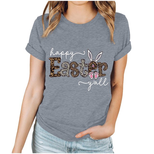 EGNMCR Chemises de Pâques pour Femmes Manches Courtes Imprimé de Pâques Manches Courtes Col Rond T-Shirts pour Femmes
