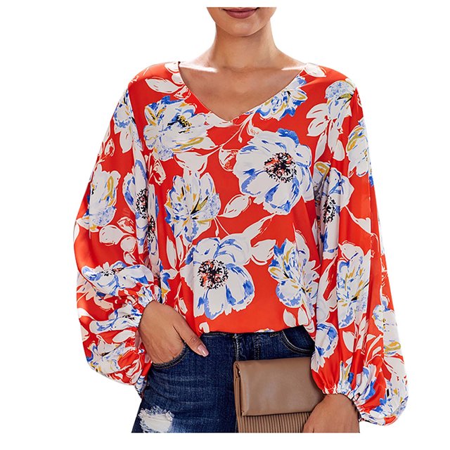 Pompotops Mode Dames Décontracté Manches Longues Col en V Blouse Femme T-Shirt Imprimé