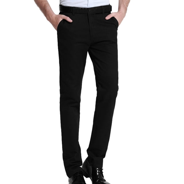 Mens Business Casual Pants Solid Color Stretch Wrinkle Resistant Trouser Zipper Button Straight Suit Pant Black M