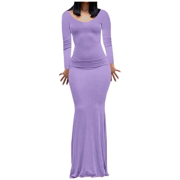 QUYUON Robes de Bureau pour Femmes Liquidation Décontracté Moulant Col Rond Robe à Manches Longues Femmes Robes d'Automne Manches Longues Longueur Cheville Robe de Cocktail Style D-4860 Violet TTG