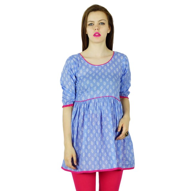Bimba Tunique en Coton Bleu pour Femme, Blouse Indienne, Kurta Kurti à Manches 3/4