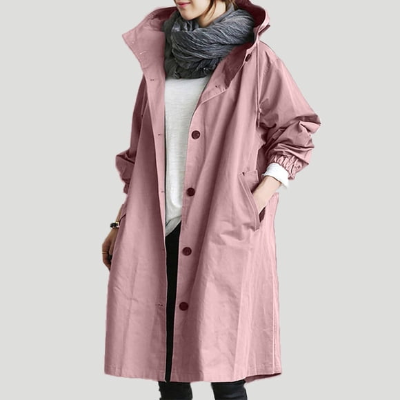 IROINID Women's Autumn And Winter Warm Mid-Long Coat Solid Color Trench coat Long Sleeve Outwear, Pink