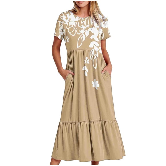 Pisexur Womens Summer Dresses Round Neck Flowy Pleat Dress Trendy Short-Sleeve Fashion with Pocket Beach Summer Swing Floral Print Dresses