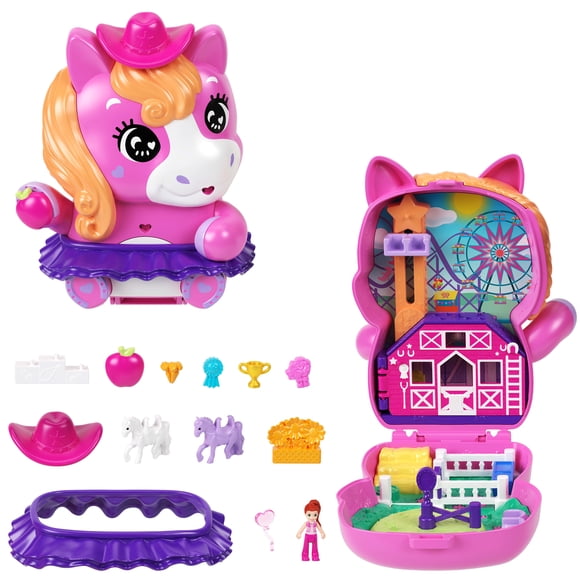 Polly Pocket Pony Rodeo Compact Playset with 1 Micro Doll and Pet Horses, Travel Toy with Food & Styling Accessories