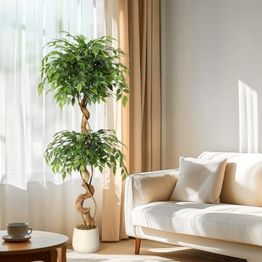 Arbre de Ficus Artificiel avec Tronc Courbé, Arbre de Ficus Artificiel, Plantes Artificielles de 4/5/6 Pi pour l'Intérieur en Pot, Faux Arbre Vert d'Intérieur pour la Déco de la Maison