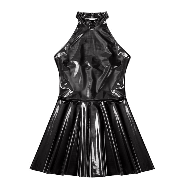 Moggemol Womens Wet Look PVC Leather Bodycon Mini Dress Latex Halter A-Line Dress for Birthday Party Black XXL