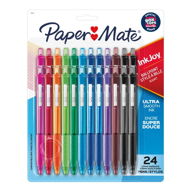 Paper Mate InkJoy 300RT ballpoint pens, medium point 1.0 mm, retractable, 24 count in assorted vibrant colours including pink, red, orange, green, blue, purple, brown, and black, each with a rubberized grip and ultra-smooth ink flow, packaged with official Box Tops for Education branding, suitable for office and school use and often used for creative note-taking.