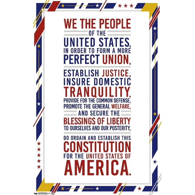 Les États-Unis d'Amérique - Affiche Murale du Préambule Constitution, 22,375 Pouces x 34 Pouces, Montrant le Texte du Préambule en Typographie Rouge et Bleue sur Papier d'Affiche Blanc Lustré avec une Bordure Patriotique d'Étoiles Rouges, Bleues et Dorées, Convient à la Décoration Murale de la Maison Ou du Bureau et Est Souvent Utilisé comme Décoration d'Événement.