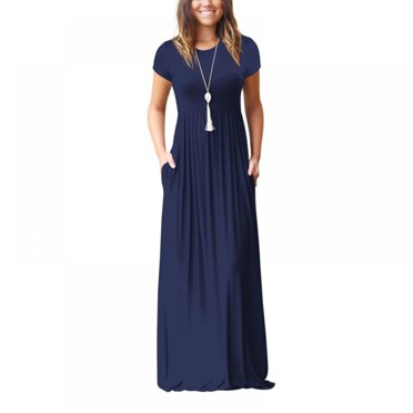 Robe Longue Décontractée pour Femmes, Couleur Unie, Manches Courtes, Robe Maxi avec Poche