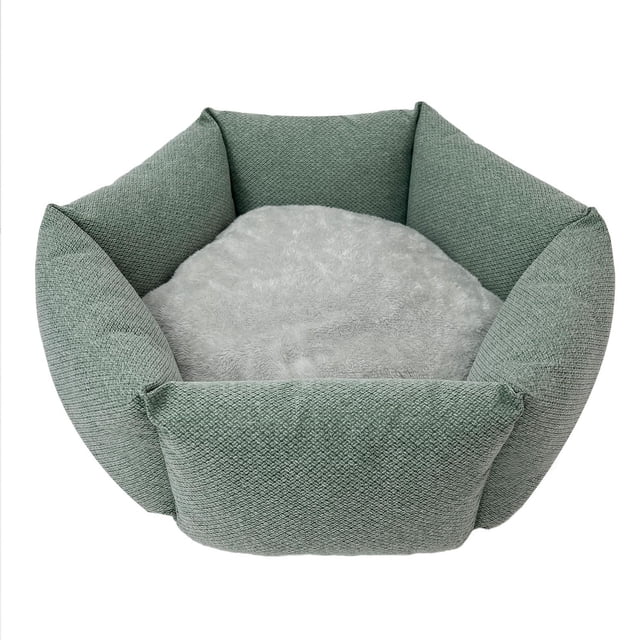 Pet Spaces Cuddler Dog Bed - Cat Bed, 19.5 inches, green, medium oval pet bed with raised faux linen bolsters and a soft gray plush cushion, featuring a gray non-woven bottom for stability, suitable for cats and small dogs and often used as a cozy resting spot in home interiors.