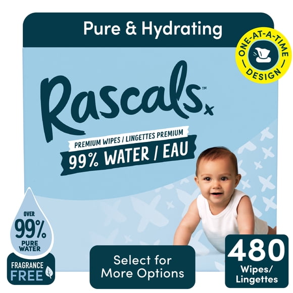 Lingettes pour bébé Rascals 99 % eau, 480 unités