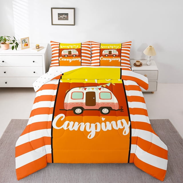 Erosebridal Happy Camping Bedding Twin Comforter Set,Camper RV Car Down Comforter,Stripes Bedroom Decor,Reversible,Lightweight,2-Piece