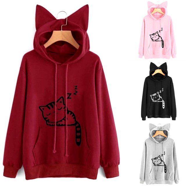 Vente Chaude Chandail à Capuchon pour Femmes Simple avec Chat de Dessin Animé Oreilles 3D Manches Longues Décontracté Hoody Chandail en Molleton Mode pour Dames Chandail à Capuche Hauts Chandails à Capuchon