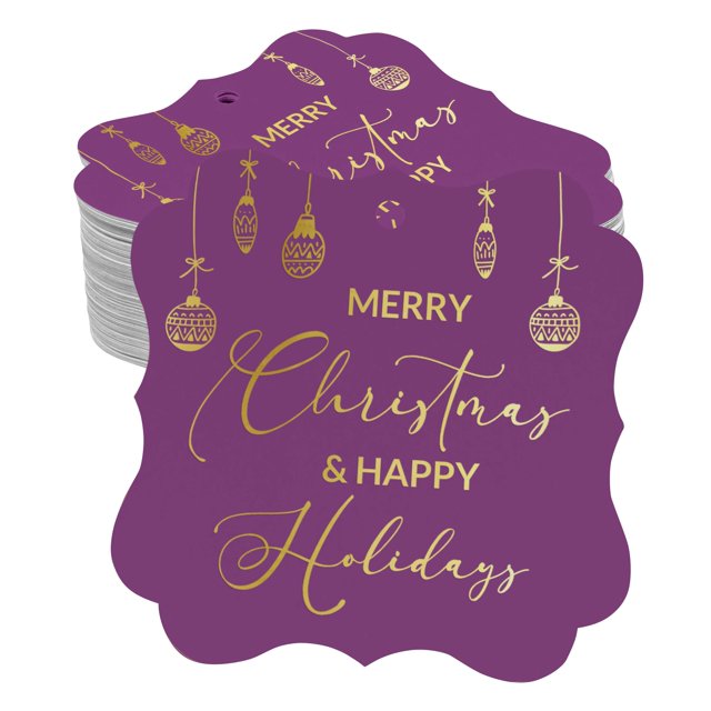 Inkdotpot Real Gold Foil Merry Christmas & Happy Text Tags Favor Bracket Shape Hang Pack Of 50 Paper Tags