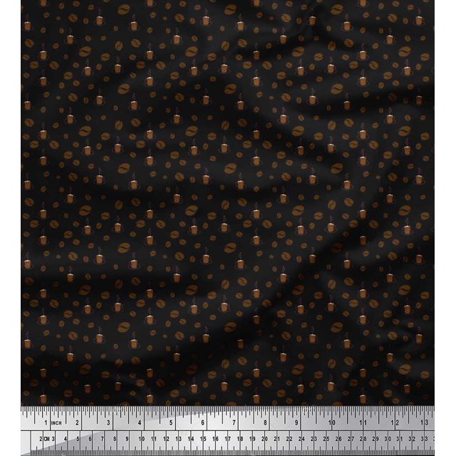 Soimoi Poly Georgette Fabric Coffee Beans & Coffee Beverages Printed Craft Fabric by The Yard 42 Inch Wide