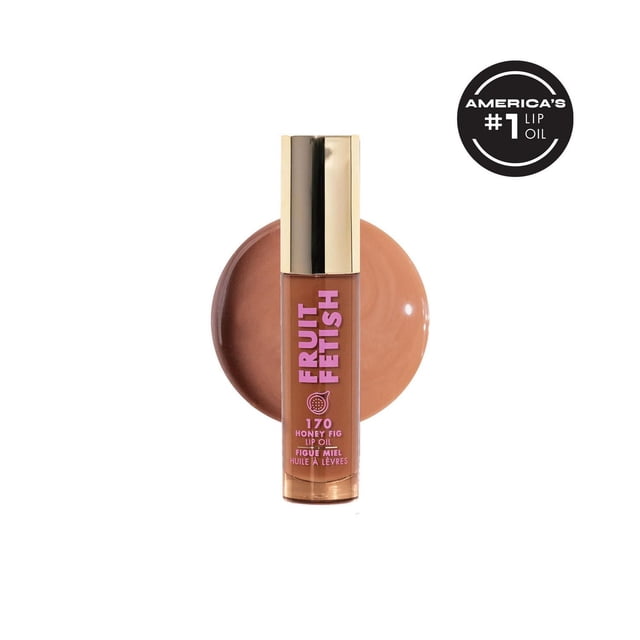 Milani Fruit Fetish Lip Oil in 170 Honey Fig shade with a glossy brown tint, featuring a gold cap and pink branding text on the tube, displayed against a white background with a circular badge stating America's #1 lip oil, suitable for nourishing and hydrating lips with fruit extracts and Vitamin E.