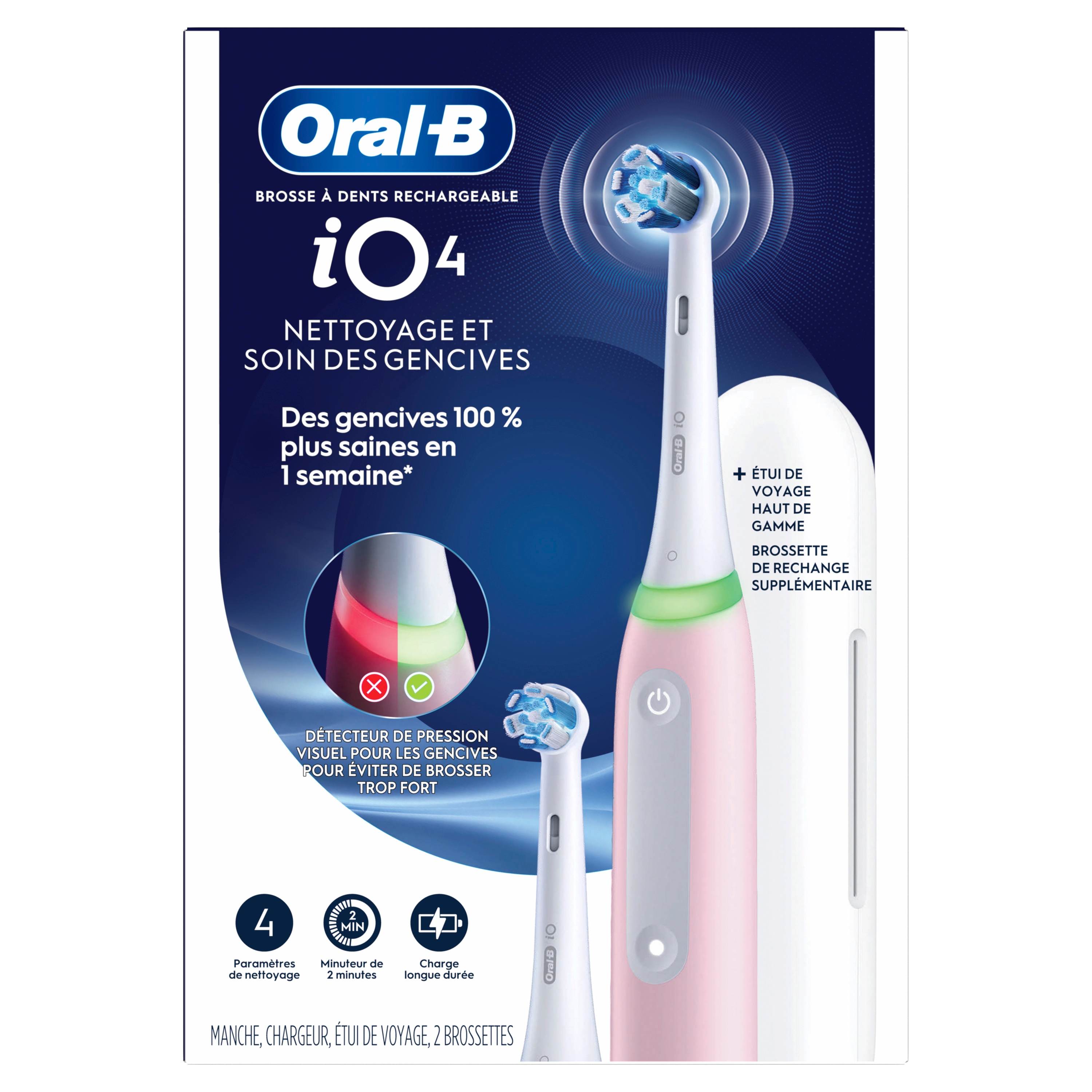 Brosse à dents électrique rechargeable Oral-B, iO4 Propreté et gencives, 4 modes de nettoyage, détecteur de pression visuel pour protéger les gencives, 2 brossettes, étui de voyage, rose