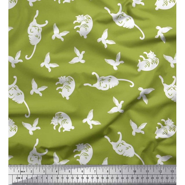 Soimoi Polyester Crepe Fabric Bird & Cat Animal Print Fabric by Yard 52 Inch Wide