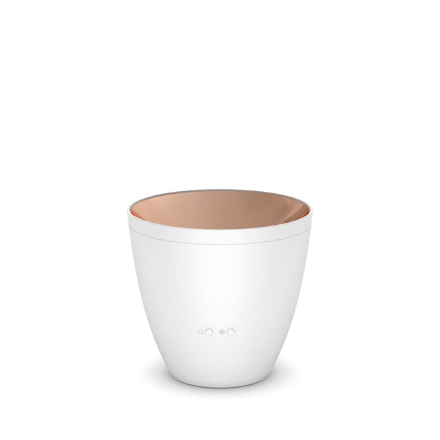 ZOE le Diffuseur d'Arômes Lumineux avec un Extérieur Blanc Mat et un Intérieur Réfléchissant de Couleur Bronze, Doté de Trois Boutons de Commande à l'Avant, Utilisant la Technologie Ultrasonique pour Émettre une Brume fine avec Lumière Ambre, Convient à l'Aromathérapie et Alimenté par USB pour un Usage Polyvalent.