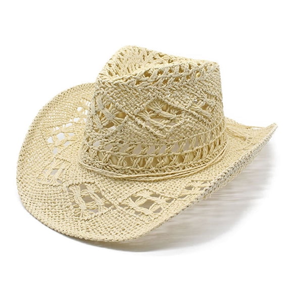 Aocisk Western Cowboy Straw Hat for Women Men Summer Sun Shapeable Brim Hollow Design Beige One Size