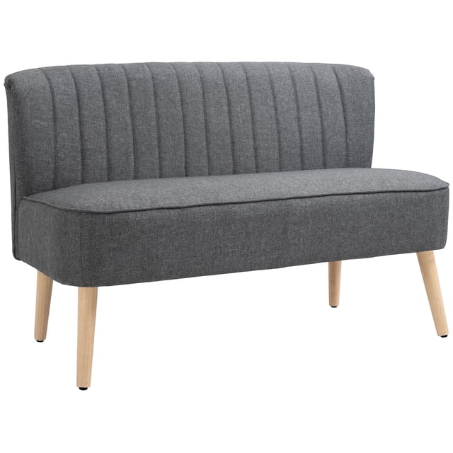 HOMCOM Causeuse 46 Pouces, Canapé 2 Places avec Pattes en Bois, Gris. Cette Causeuse Compacte Présente un Tissu Aspect Lin Gris avec Capitonnage vertical sur le Dossier et Coussins Rembourrés en Mousse Profonde pour le Confort. Soutenue par Quatre Pattes en Bois de Caoutchouc Naturel, Elle Convient aux Salons, Chambres Ou Bureaux à Domicile. Dimensions : 46.1 Pouces L x 22.2 Pouces P x 30.3 Pouces H.