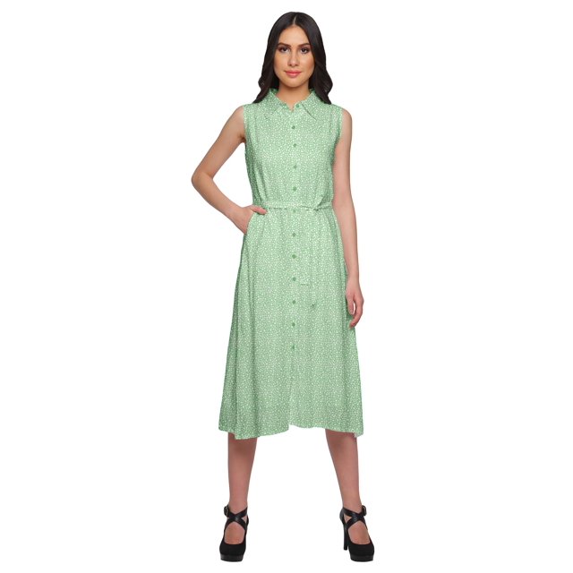 Moomaya Womens Sleeveless Lapel Collar Dress With Pockets Printed Summer Wear