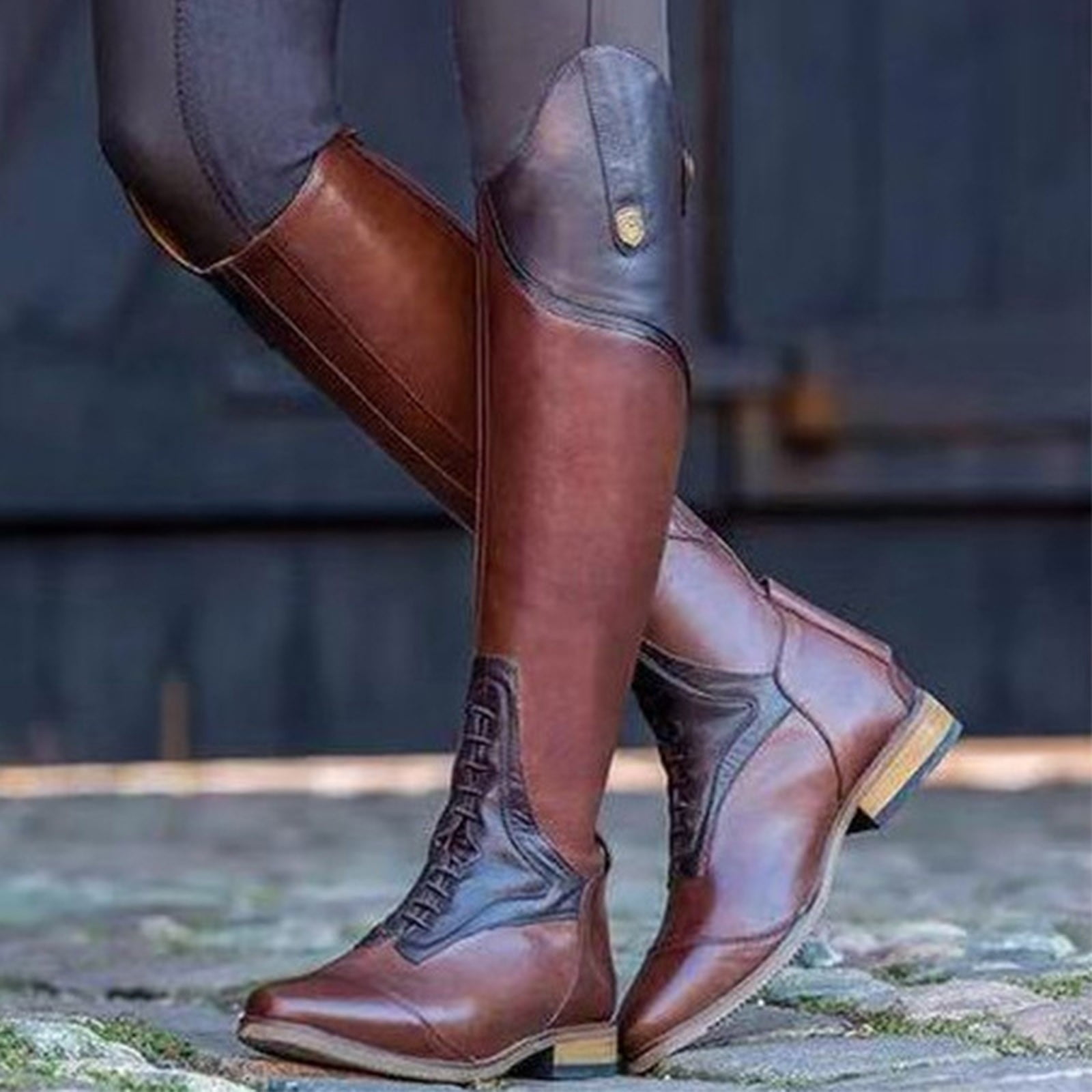 Bottes pour Femmes Hauteur Genou Couleur Unie Chaussures de Mode Fermeture Éclair Colorée Talon Bas Bottes de Cowboy Chevalier d'Équitation