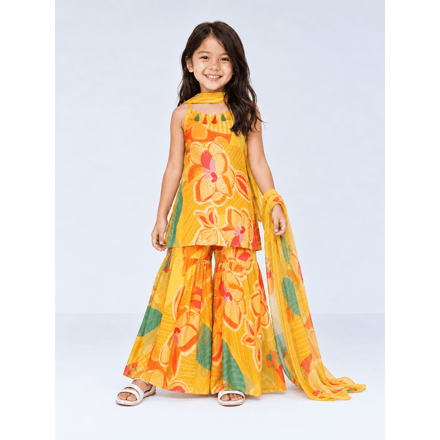 DWEEP SARA Girls' Festive Floral Printed Yellow Sharara Set – 6M-1(16)