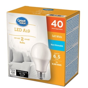 Great Value 40W A19 Soft White LED bulbs 2-pack