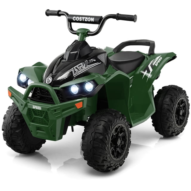 Costway 12V Battery Powered Kids Ride On ATV Electric 4-Wheeler Quad Car in army green with MP3 and light. Features a realistic ATV design with bright headlights, anti-slip handlebars, and four wear-resistant wheels for smooth riding on various terrains. Includes a comfortable seat, wide footrests, and functional buttons for forward/backward movement and speed control. Suitable for children aged 3-8 years, with a weight capacity of 77 lbs. Made of durable PP material and equipped with a rechargeable 12V battery and two powerful motors for speeds up to 2.7 mph.