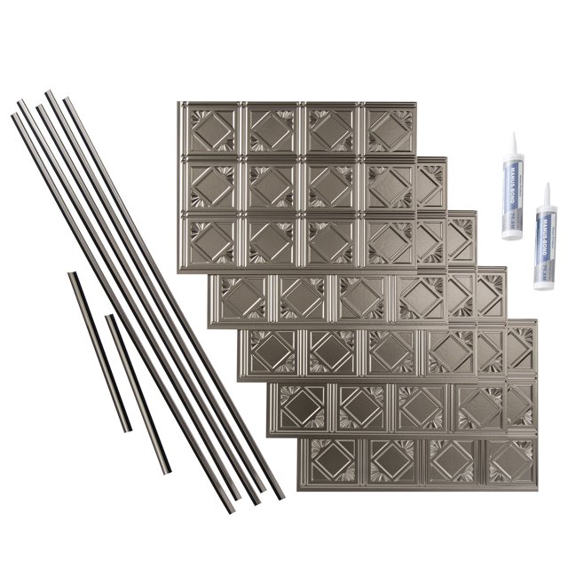 Fasade Decorative Vinyl Backsplash Kit, Brushed Nickel, 15 sq ft Kit
