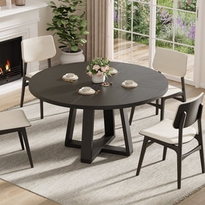 Table ronde pour 4-6, 47" Table de salle à manger Circle avec base sturdy Cross, table de dîner en bois de ferme pour appartement Cuisine Salon, noir (Table seulement)