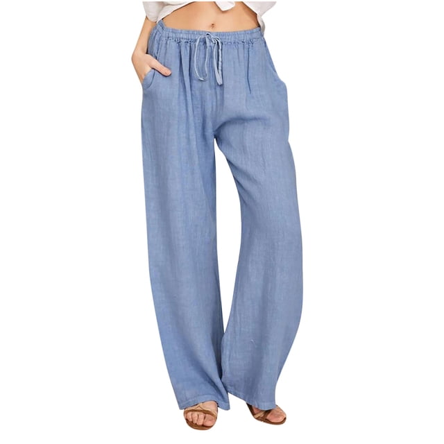 DPTALR Women Casual Solid Cotton Linen Drawstring Elastic Waist Long Wide Leg Pants