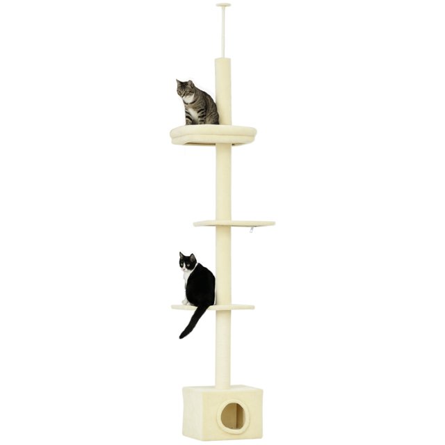 PawHut 91-102" Floor-to-Ceiling Cat Tree with Scratching Post, House, Bed