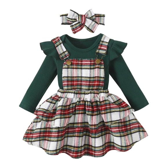 Zanarzt Toddler Baby Girl Christmas Baby Girl Christmas Clothes Plaid Outfits Long Sleeve Romper Overall Skirt Dress Cute Outfit Green,6-12 Months